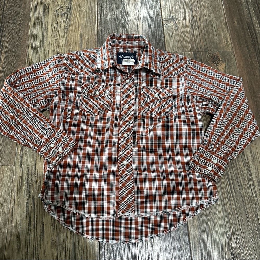 Wrangler western wear pearl snap long sleeve plaid rodeo shirt boys 5-6 small